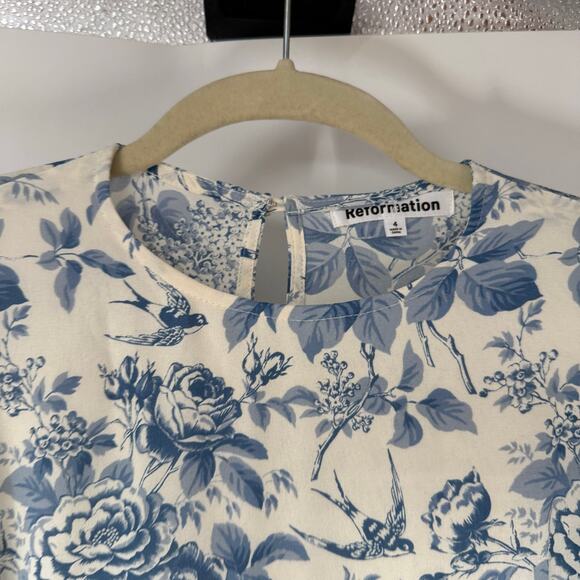 Reformation Carolena Floral-Print Crepe De Chine Midi Dress Women's Size 4 Blue - Picture 3 of 10